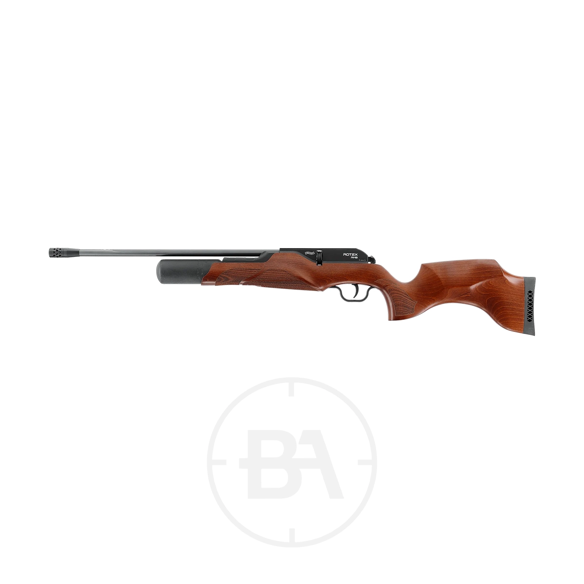 Walther Rotex RM8 Regulated PCP Air Rifle Series 9 A side view of a Walther Rotex RM8 Regulated PCP Air Rifle Series with a wooden stock, black barrel, and cylindrical air reservoir beneath, isolated on a white background.