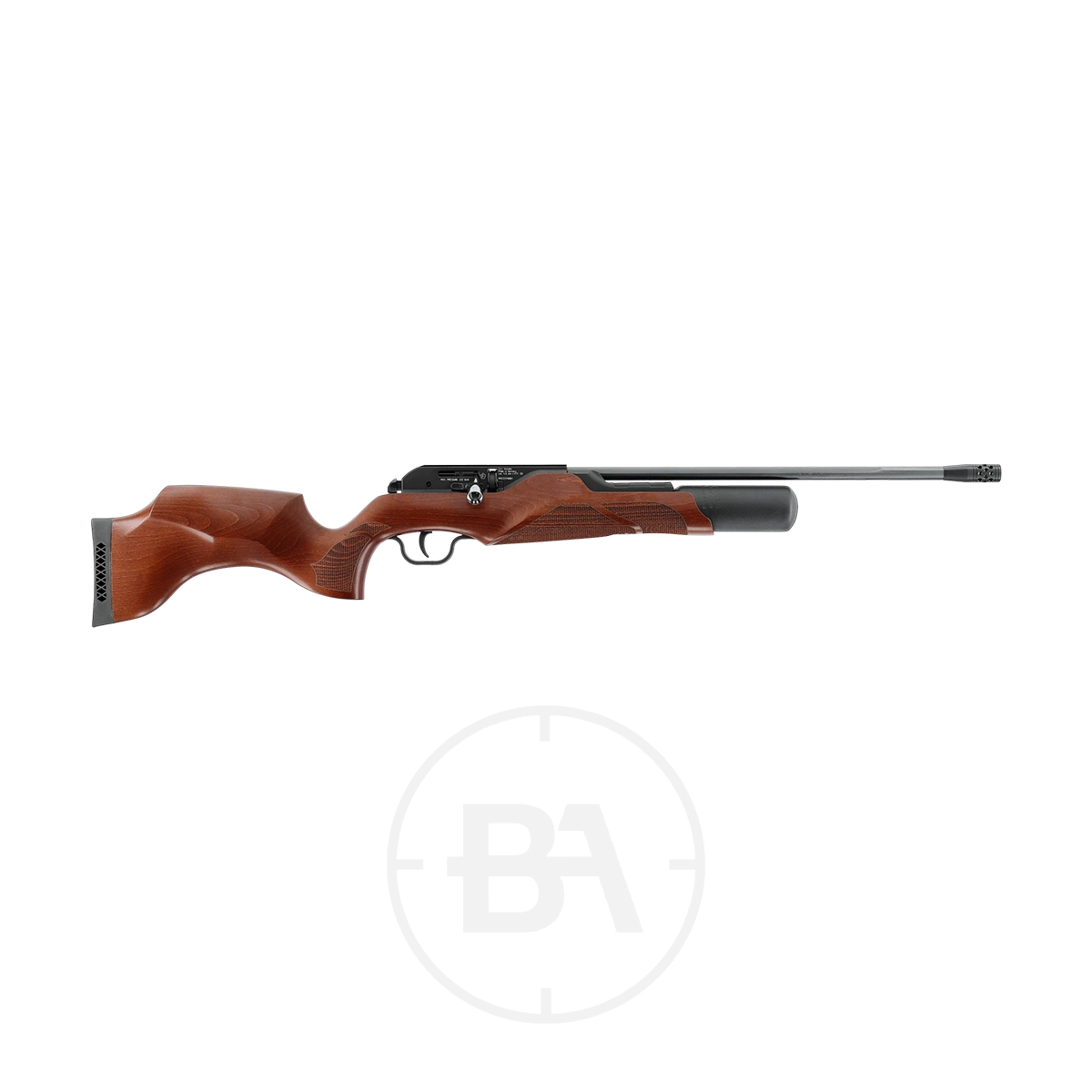 Walther Rotex RM8 Regulated PCP Air Rifle Series 5 A side view of a Walther Rotex RM8 Regulated PCP Air Rifle Series with wooden stock, black barrel, and trigger, isolated on a white background.