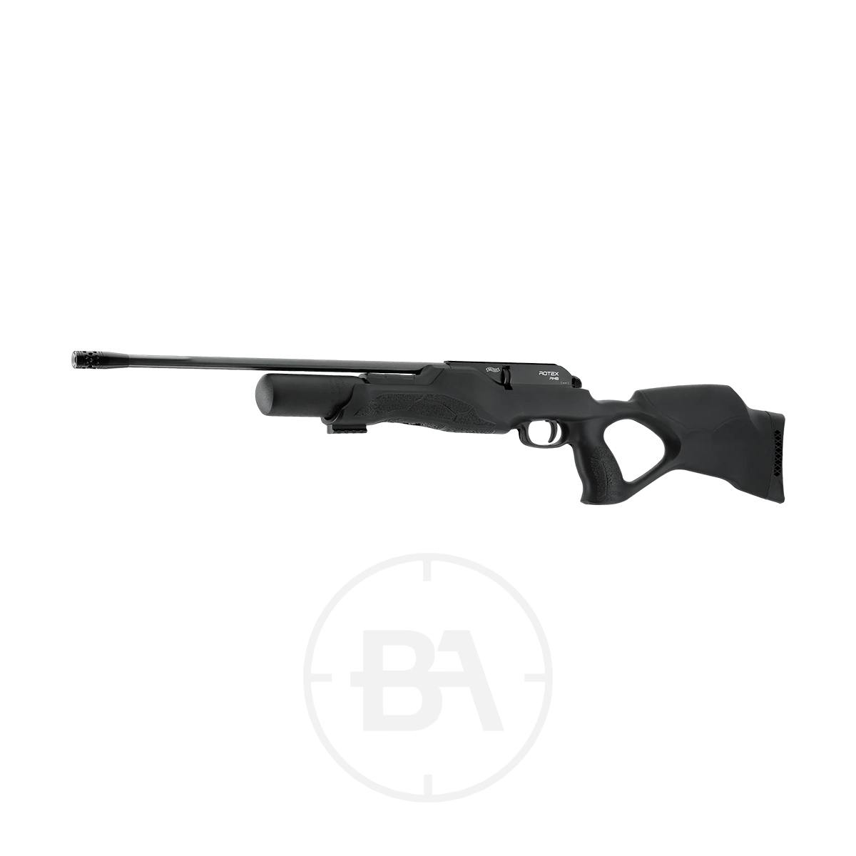 Walther Rotex RM8 Regulated PCP Air Rifle Series 11 Black Walther Rotex RM8 Regulated PCP Air Rifle from the Air Rifle Series, featuring a long barrel, thumbhole stock, and attached air cylinder, photographed on a white background.