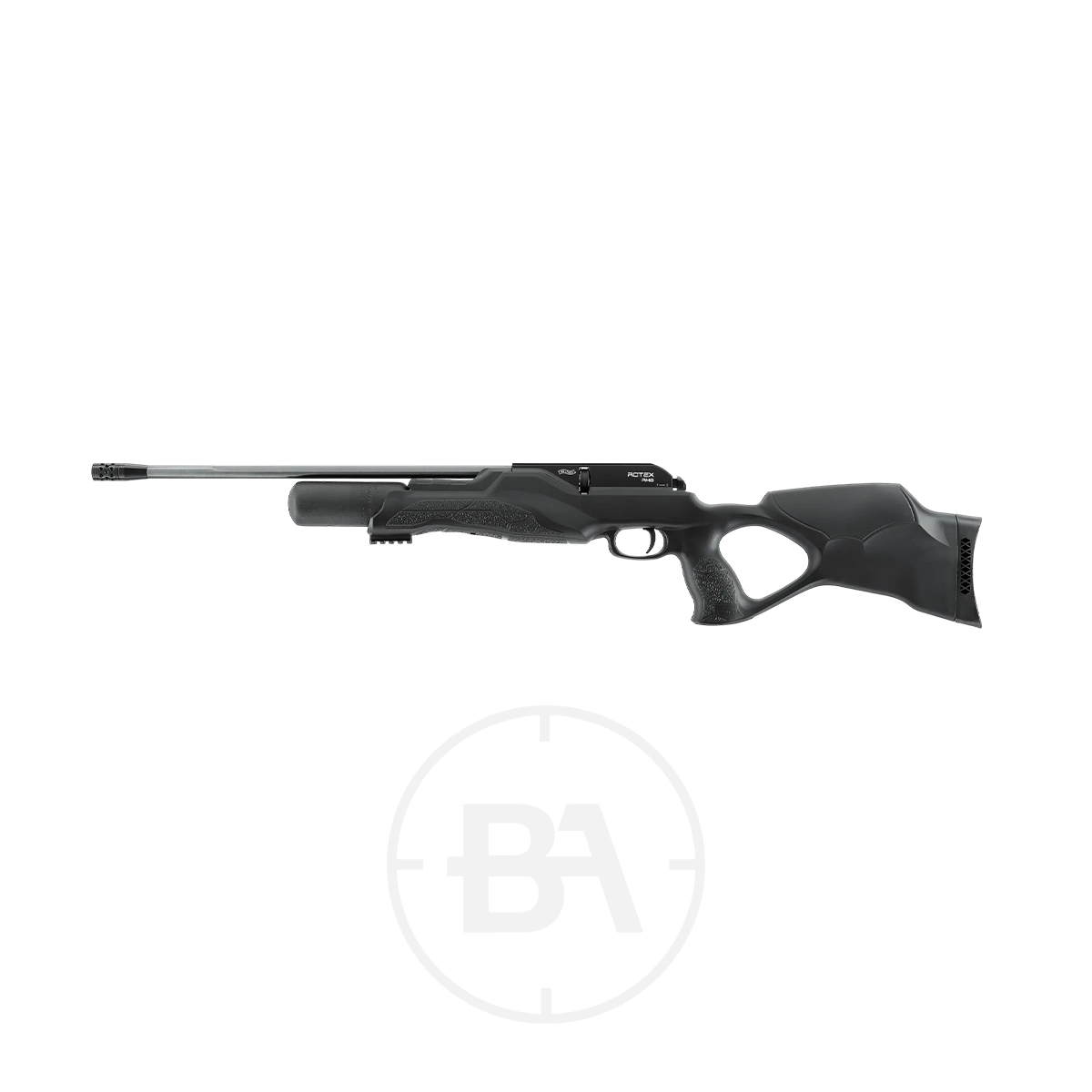 Walther Rotex RM8 Regulated PCP Air Rifle Series 13 The Walther Rotex RM8 Regulated PCP Air Rifle Series, featuring a black finish, long barrel, ergonomic grip, and adjustable stock, is displayed on a white background.