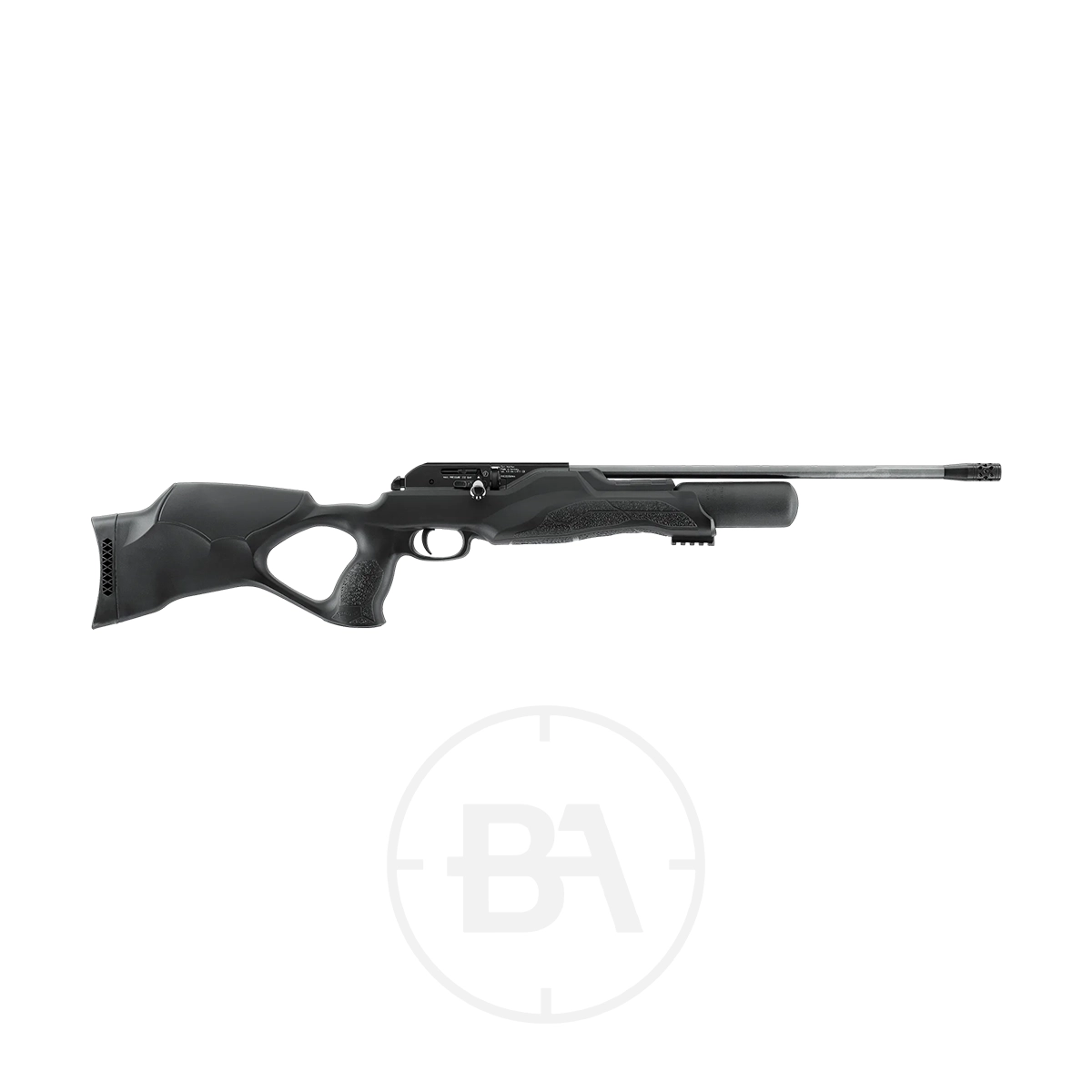 Walther Rotex RM8 Regulated PCP Air Rifle Series 3 The Walther Rotex RM8 Regulated PCP Air Rifle Series is shown with a modern black synthetic thumbhole stock, textured grip, and long barrel on a plain white background, offering precision and style for shooting enthusiasts.