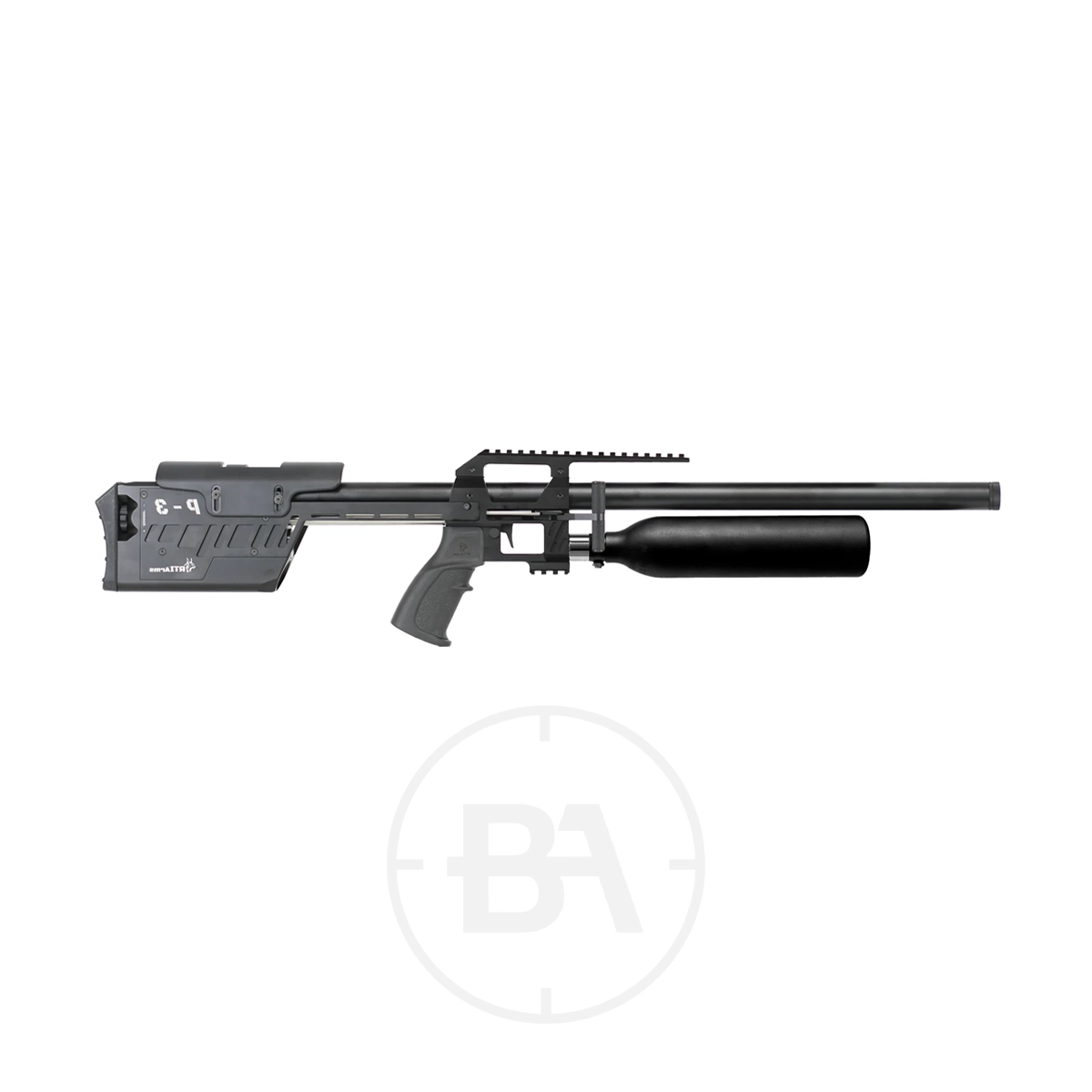RTI P-3 Performance PCP Air Rifle 1 The RTI P-3 PCP Air Rifle stands out with its sleek black design, featuring a long barrel and ergonomic grip. The mounted scope rail enhances precision, making this .177 caliber rifle a standard choice for enthusiasts. Displayed elegantly against a white background, it’s both stylish and functional.