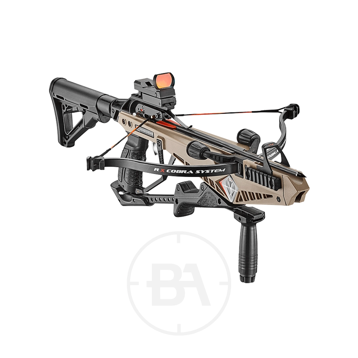 EK Archery Cobra RX 130lb Crossbow 3 The EK Archery Cobra RX 130lb Crossbow, featuring a red dot sight, collapsible stock, foregrip, and prominent branding, is displayed on a white background. Designed for precision and power.