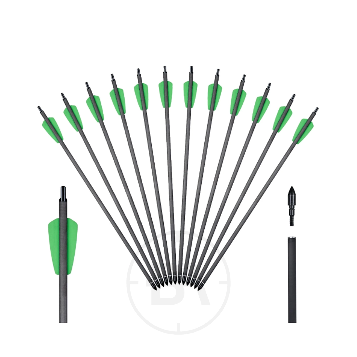 EK Archery R9 Pistol Bolts 15 Inch (x10) 5 Twelve EK Archery 15" R9 Crossbow Bolts, featuring black carbon shafts, green fletching, and removable tips, displayed in a fan with detailed close-ups of their components.