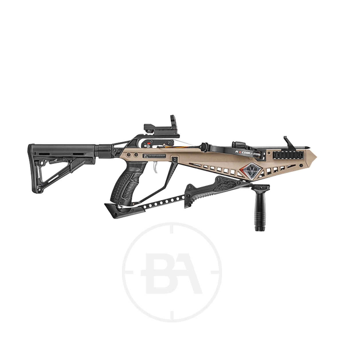 EK Archery Cobra RX 130lb Crossbow 1 The EK Archery Cobra RX 130lb Crossbow, featuring a tan and black frame, adjustable stock, scope, and foregrip, is displayed against a white background.
