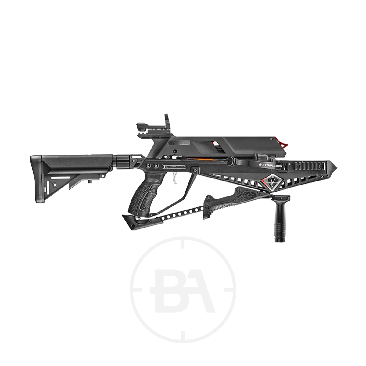 EK Archery Cobra RX Adder Updated 7-Bolt Model 1 The EK Archery Cobra System Adder (130 lbs) black tactical crossbow, with adjustable stock, pistol grip, and foregrip, is shown against a white background.