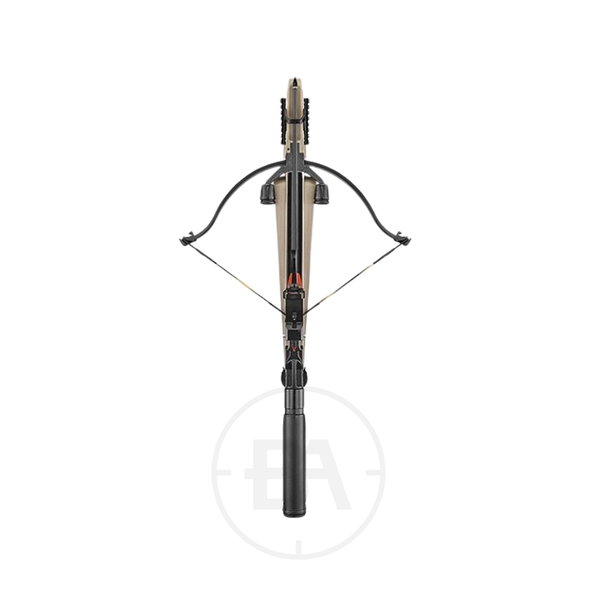 EK Archery Cobra RX 130lb Crossbow 5 The EK Archery Cobra RX 130lb Crossbow features a wooden stock, black limbs, string, and a mounted scope, displayed from above against a white background.