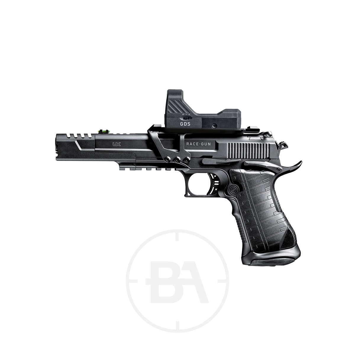 Umarex UX Racegun CO2 BB Pistol Kit 1 Umarex UX Race Gun CO2 BB Pistol Kit in black, featuring a mounted red dot sight and "RACE-GUN" label, displayed on a white background with a subtle circular logo behind it.