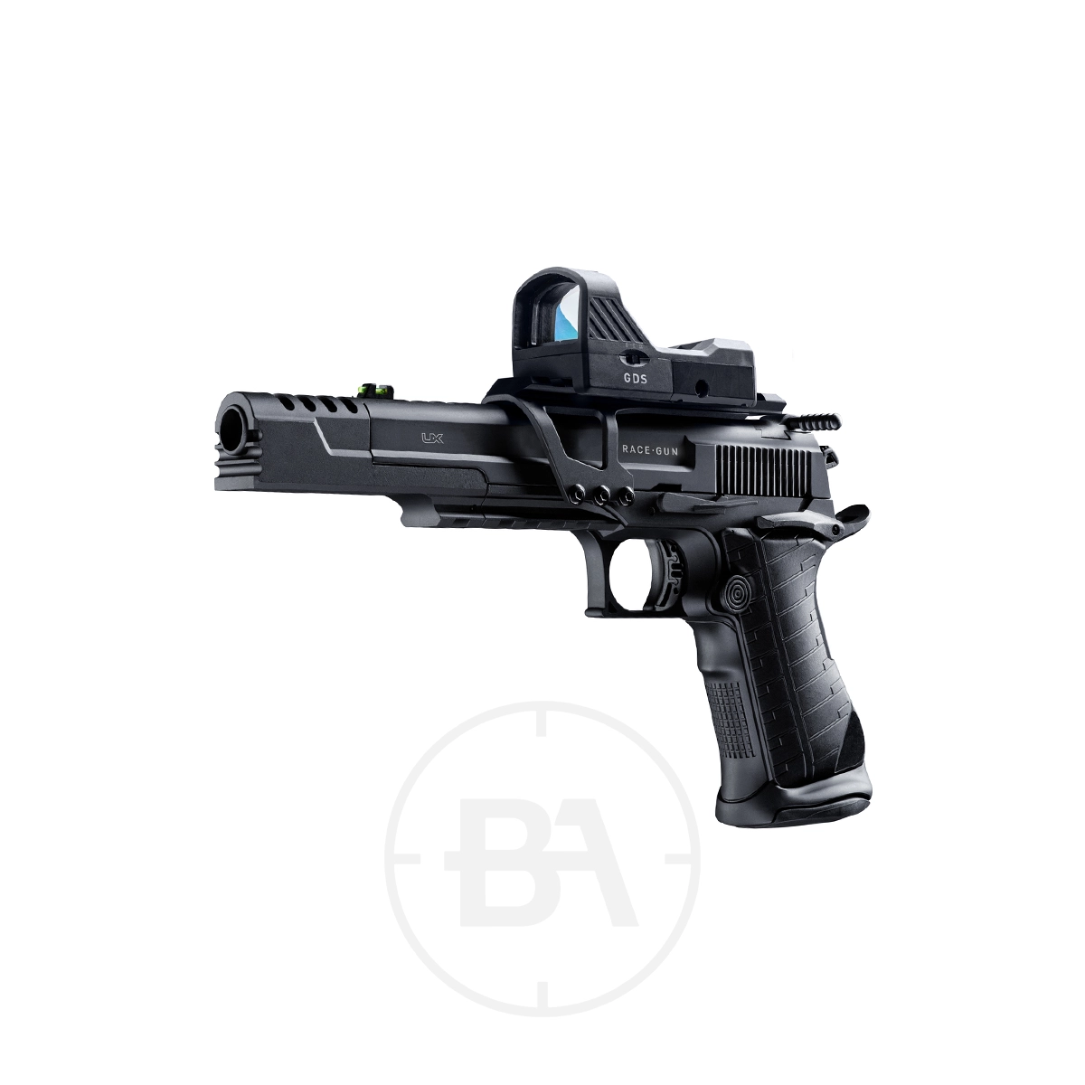 Umarex UX Racegun CO2 BB Pistol Kit 3 Umarex UX Race Gun CO2 BB Pistol Kit in black, featuring tactical enhancements and a mounted red dot sight, displayed on a white background.