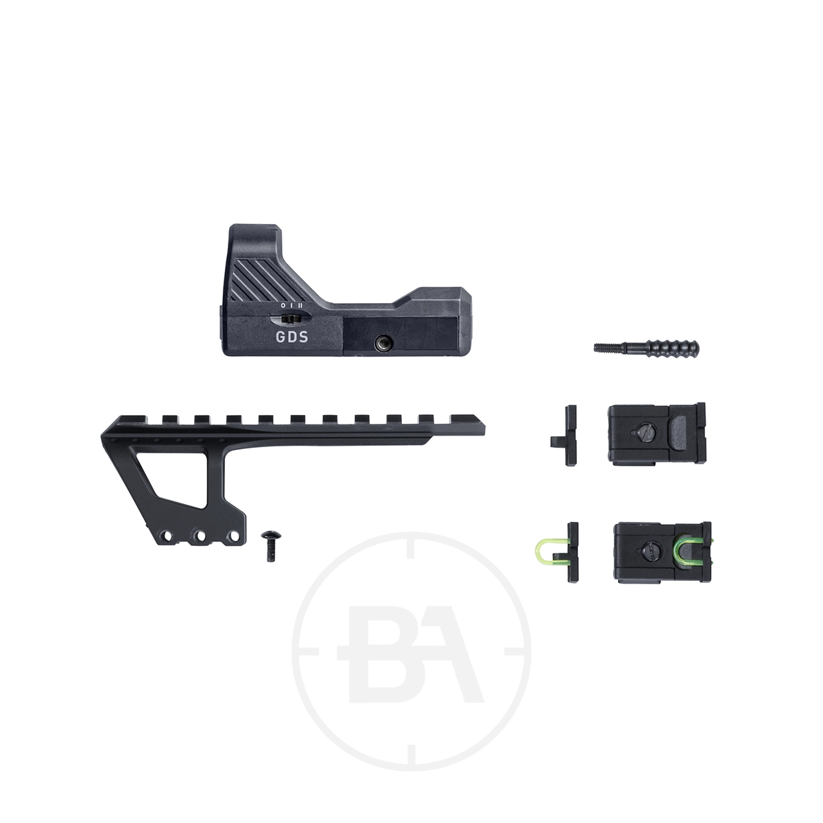 Umarex UX Racegun CO2 BB Pistol Kit 5 Umarex UX Race Gun CO2 BB Pistol Kit includes a black firearm sight mounting kit with rail, optic sight, screws, and two adjustable Race Gun parts, all shown on a white background.