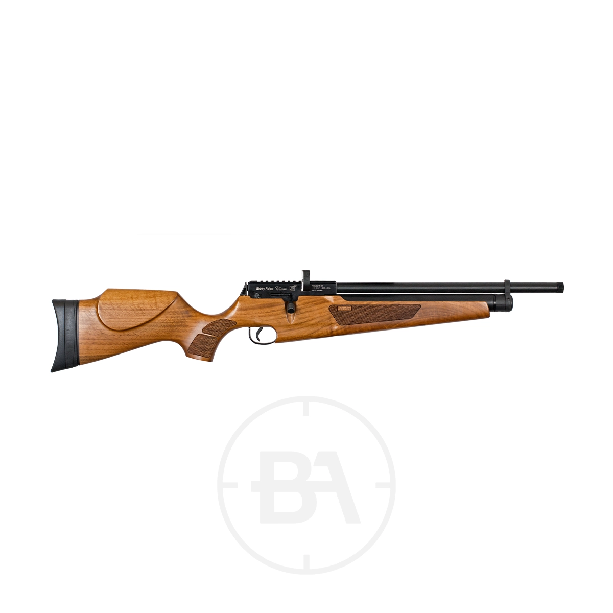 Webley Raider Classic PCP Air Rifle 3 A wooden PCP air rifle with a black barrel and sight, featuring a contoured stock and visible trigger mechanism, stands against a white background. This .177 Webley Raider Classic model showcases exceptional craftsmanship.