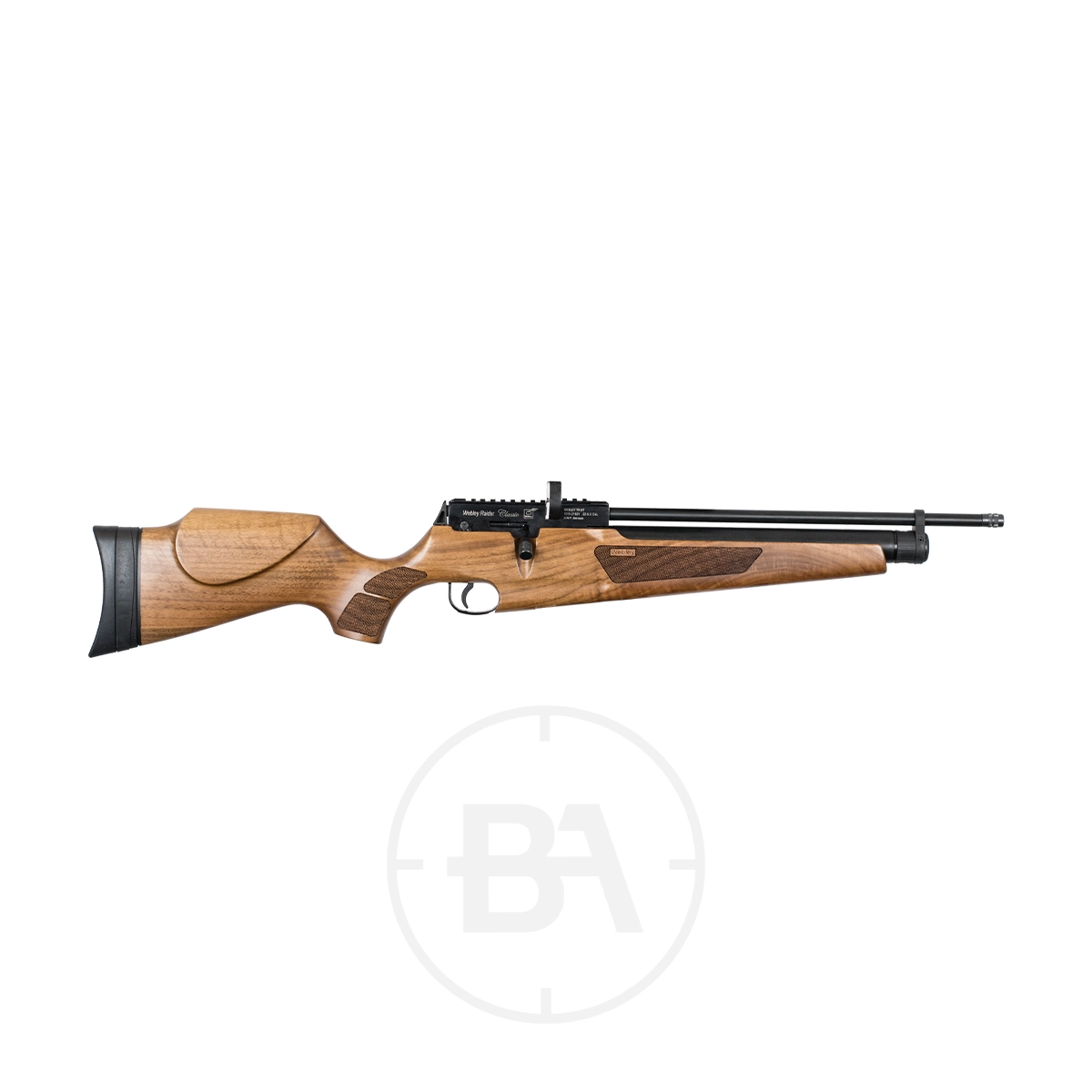 Webley Raider Classic PCP Air Rifle 1 The Webley Raider Classic, a wooden and black PCP air rifle, boasts a sleek design with a scope, showcased elegantly against a white background.