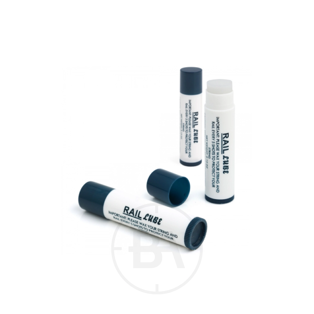 EK Archery Crossbow & Bow String Lube Wax (x3) 1 Three white and navy Crossbow & Bow String Lub Wax tubes—two upright and one lying down with cap removed—on a white background; perfect string lubricant care for crossbows or bows.