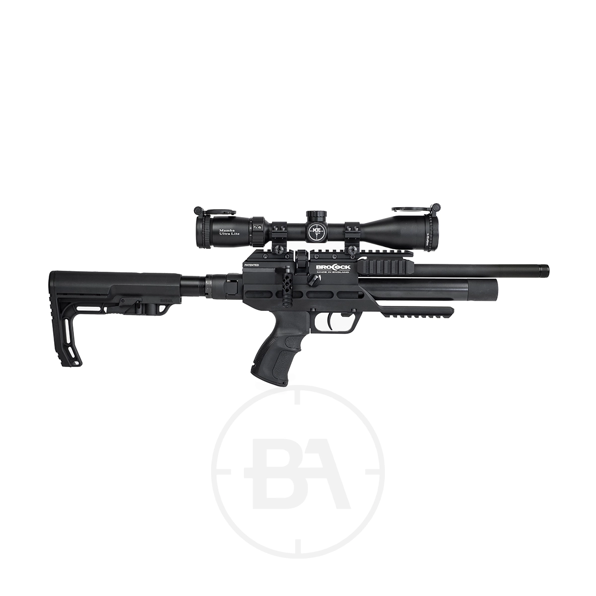 Brocock Ranger XR PCP Air Rifle 1 The Brocock Ranger XR PCP Air Rifle features a black finish, adjustable stock, and tactical accessories. It is shown on a white background with a subtle circular logo beneath.