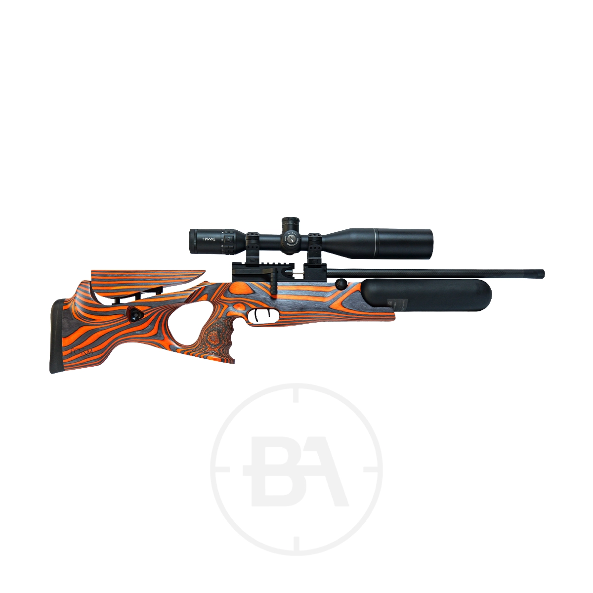 Theoben Rapid Regulated PCP Air Rifle With Hard Case 5 A modern regulated PCP air rifle with a colorful laminated wood stock, mounted scope, and large cylindrical suppressor, displayed on a plain white background—reminiscent of the iconic Theoben Rapid.