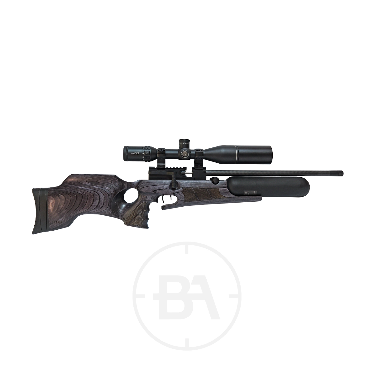 Theoben Rapid Regulated PCP Air Rifle With Hard Case 11 Side view of a black and brown Regulated PCP Air Rifle with a mounted scope, thumbhole stock, and cylindrical air reservoir in the style of a Theoben Rapid against a white background.