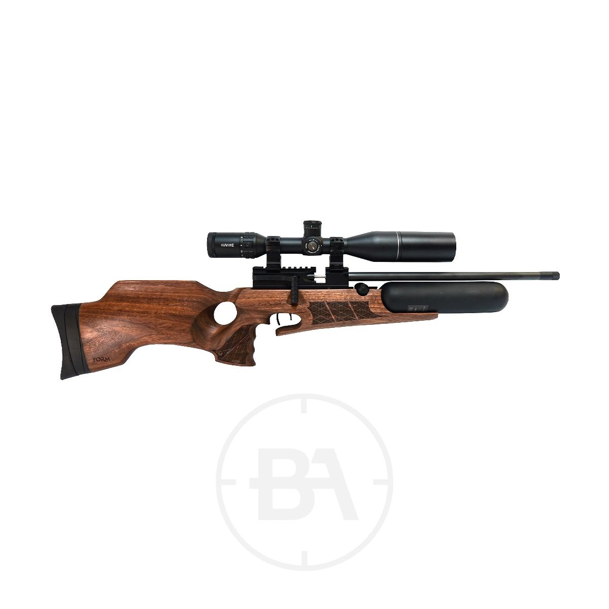 Theoben Rapid Regulated PCP Air Rifle With Hard Case 1 Side view of a Theoben Rapid regulated PCP air rifle with a mounted scope and a black cylindrical air reservoir beneath the barrel, displayed against a white background.
