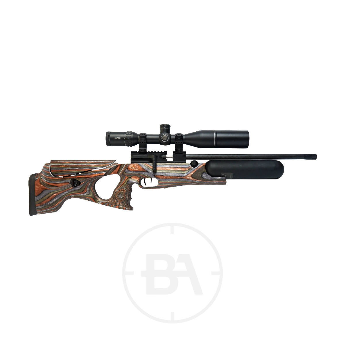 Theoben Rapid Regulated PCP Air Rifle With Hard Case 7 Side view of a modern regulated PCP air rifle with a multi-colored laminated wooden stock and mounted scope against a white background. Inspired by the classic Theoben Rapid design.