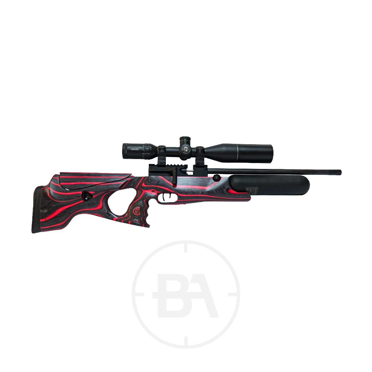 Theoben Rapid Regulated PCP Air Rifle With Hard Case 3 A black and red Theoben Rapid regulated PCP air rifle with a mounted scope and silencer, displayed on a white background.