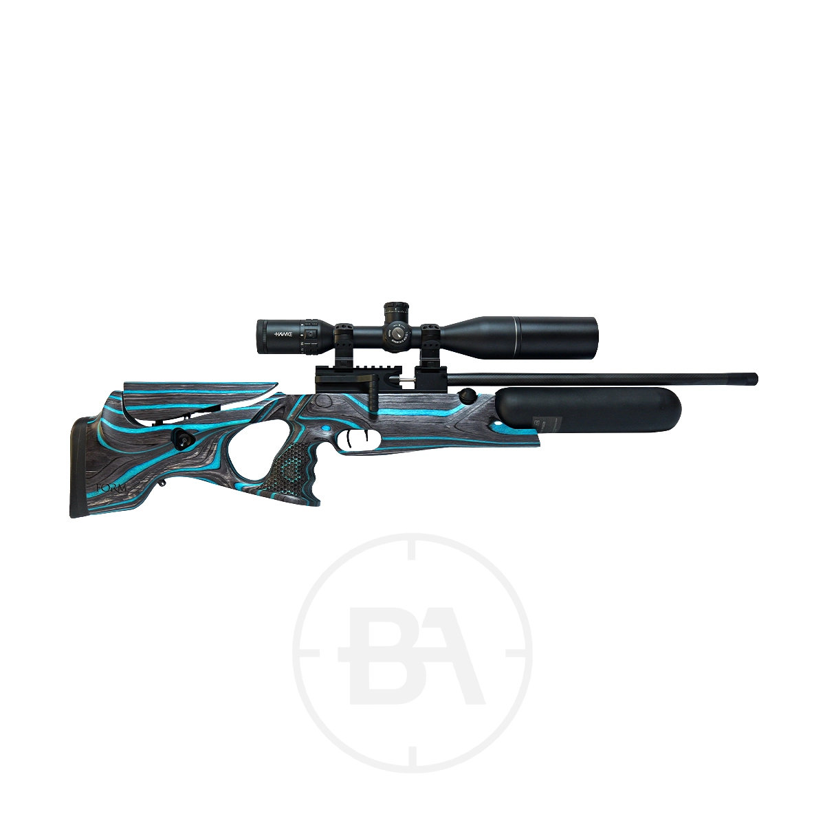 Theoben Rapid Regulated PCP Air Rifle With Hard Case 9 A modern regulated PCP air rifle with a blue and black laminate thumbhole stock, mounted scope, and cylindrical air reservoir, shown in profile against a white background. Styled after the Theoben Rapid and often supplied with a durable hard case.