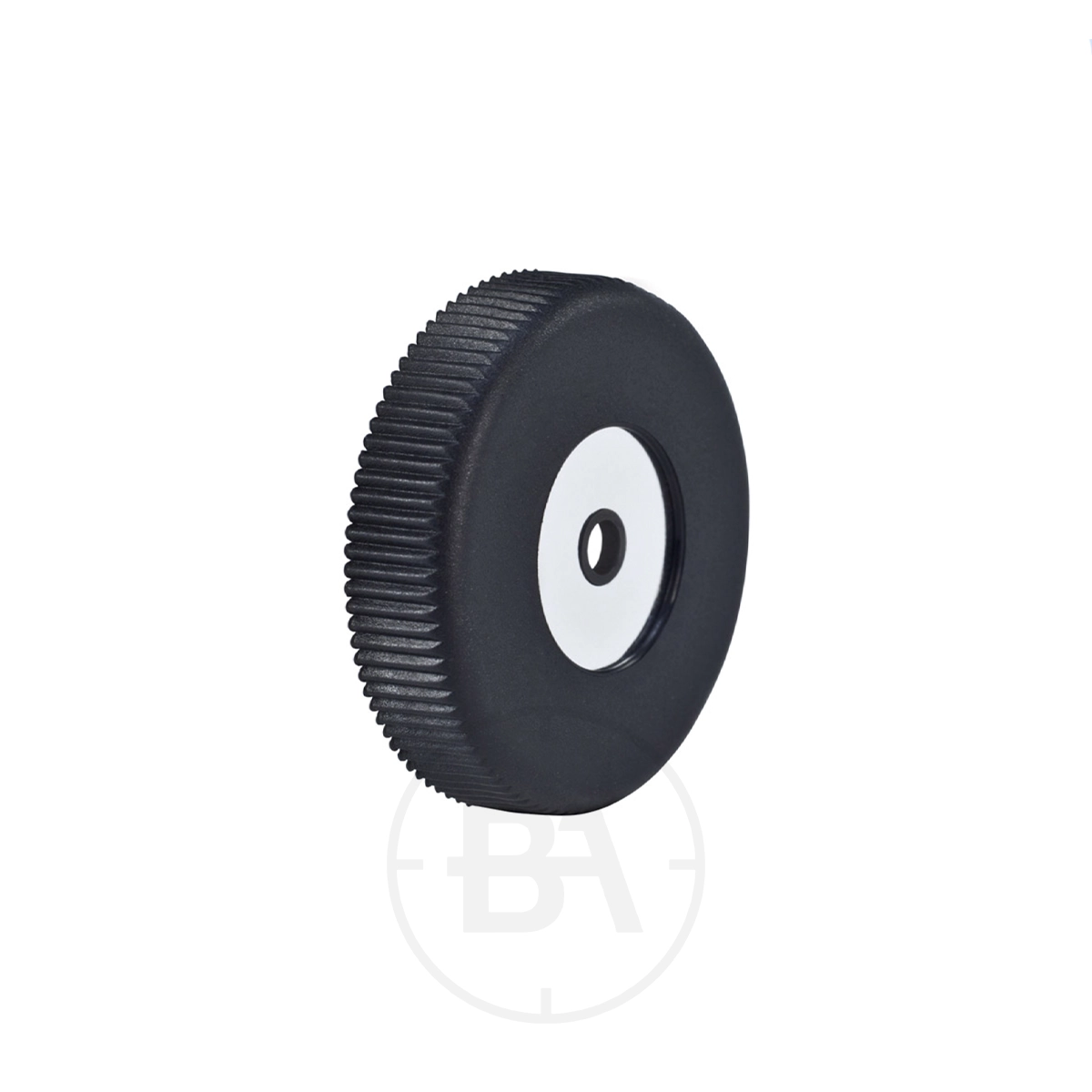Gehmann 509 Rearsight Mirror Disc Attachment 1 Black, ridged plastic knob with a white center and small circular hole, designed as the Gehmann 509 Rearsight Mirror Disc Attachment, shown isolated on a white background.