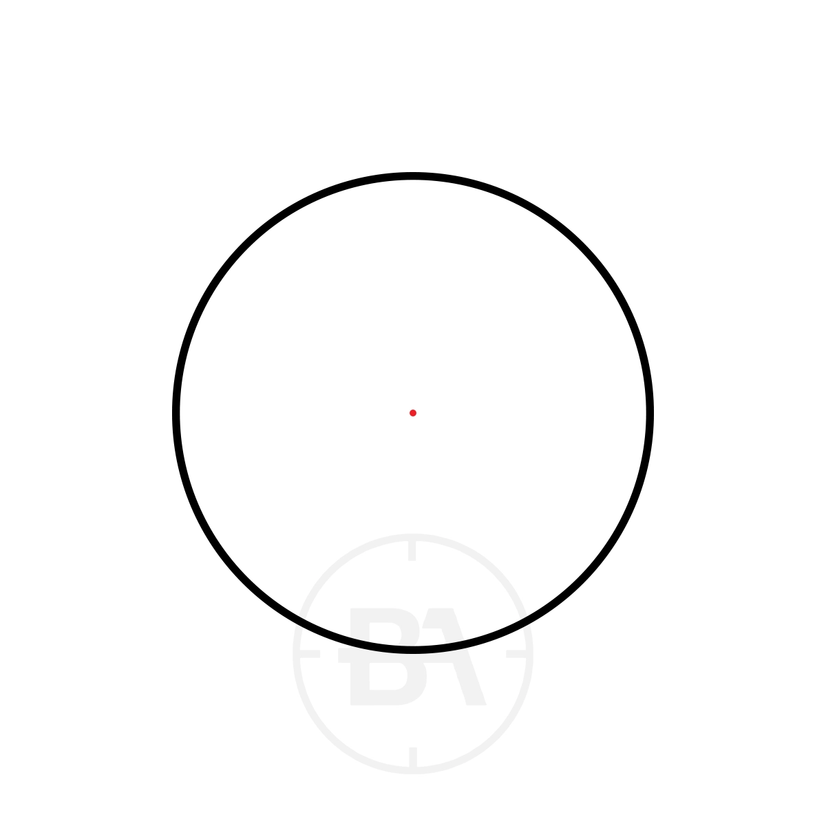 Hawke 3 MOA Red Dot 1x30 With Reversible Dovetail / Weaver Mount 3 A large black circle with a small red 3 MOA dot at its centre, faint grey "BA" text, and tick marks beneath, is shown on a white background, resembling the reticle of the Hawke Red/Green Dot Sight 3 MOA.