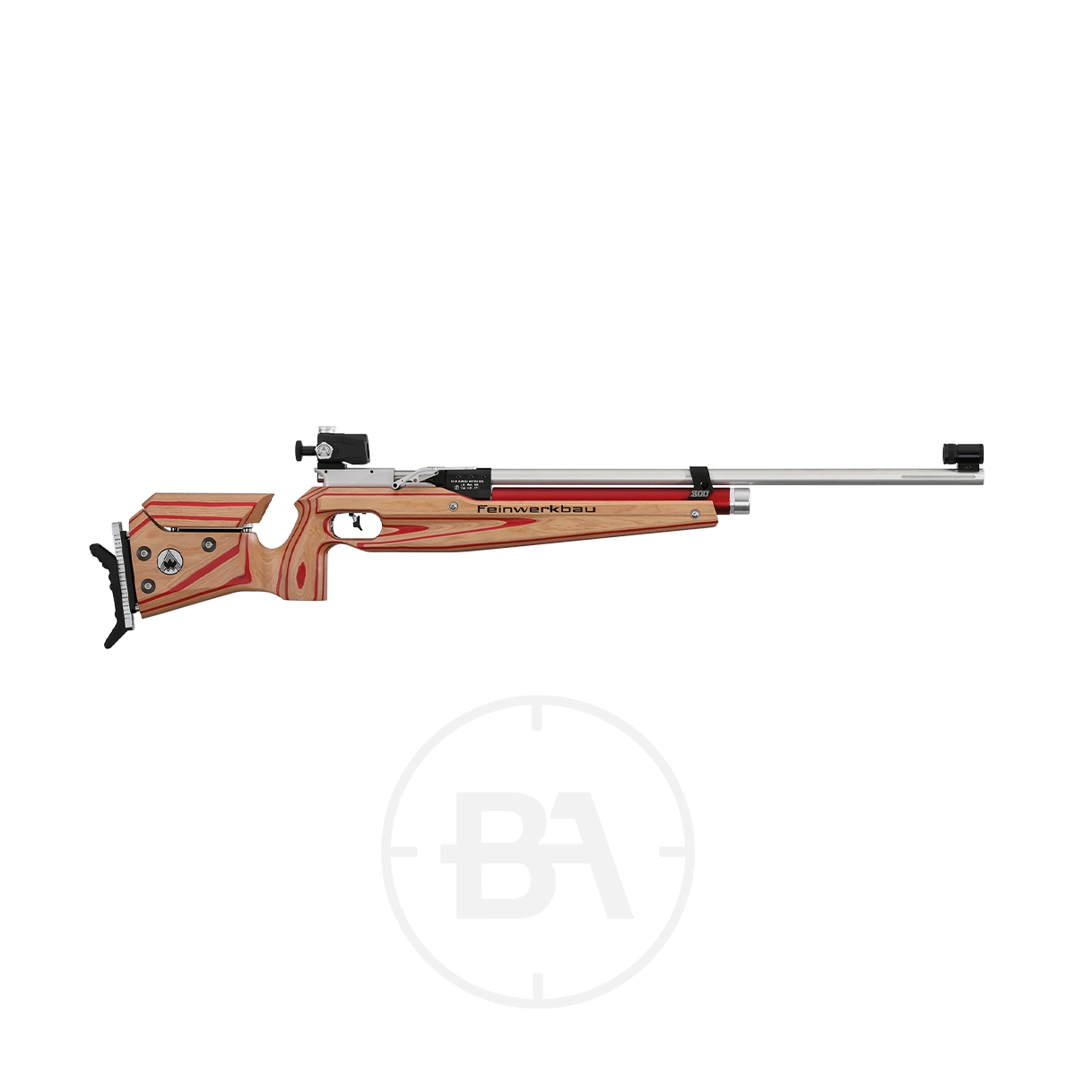Feinwerkbau 800 Junior Match Target Rifle 1 A Feinwerkbau 800 Junior air rifle features a sleek silver barrel and an adjustable rear sight, complemented by a red laminate wooden stock, all set against a plain white background. Perfectly crafted for precision shooting as a match target rifle.