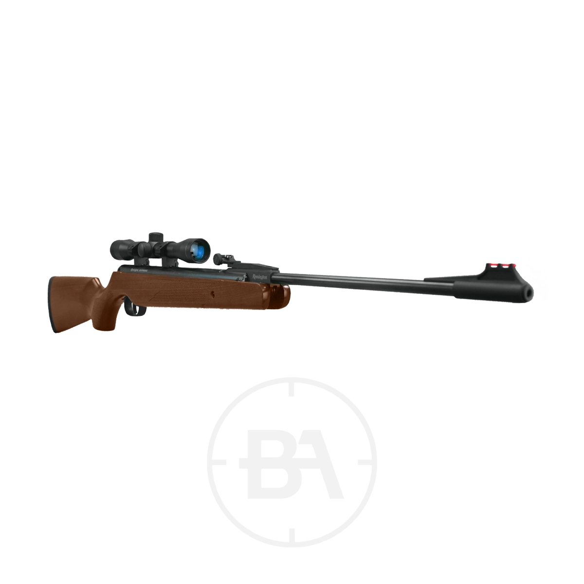 Remington Express Spring Air Rifle With Scope 7 A Remington Express spring air rifle with a scope attachment, featuring a brown and black finish, displayed on a white background.