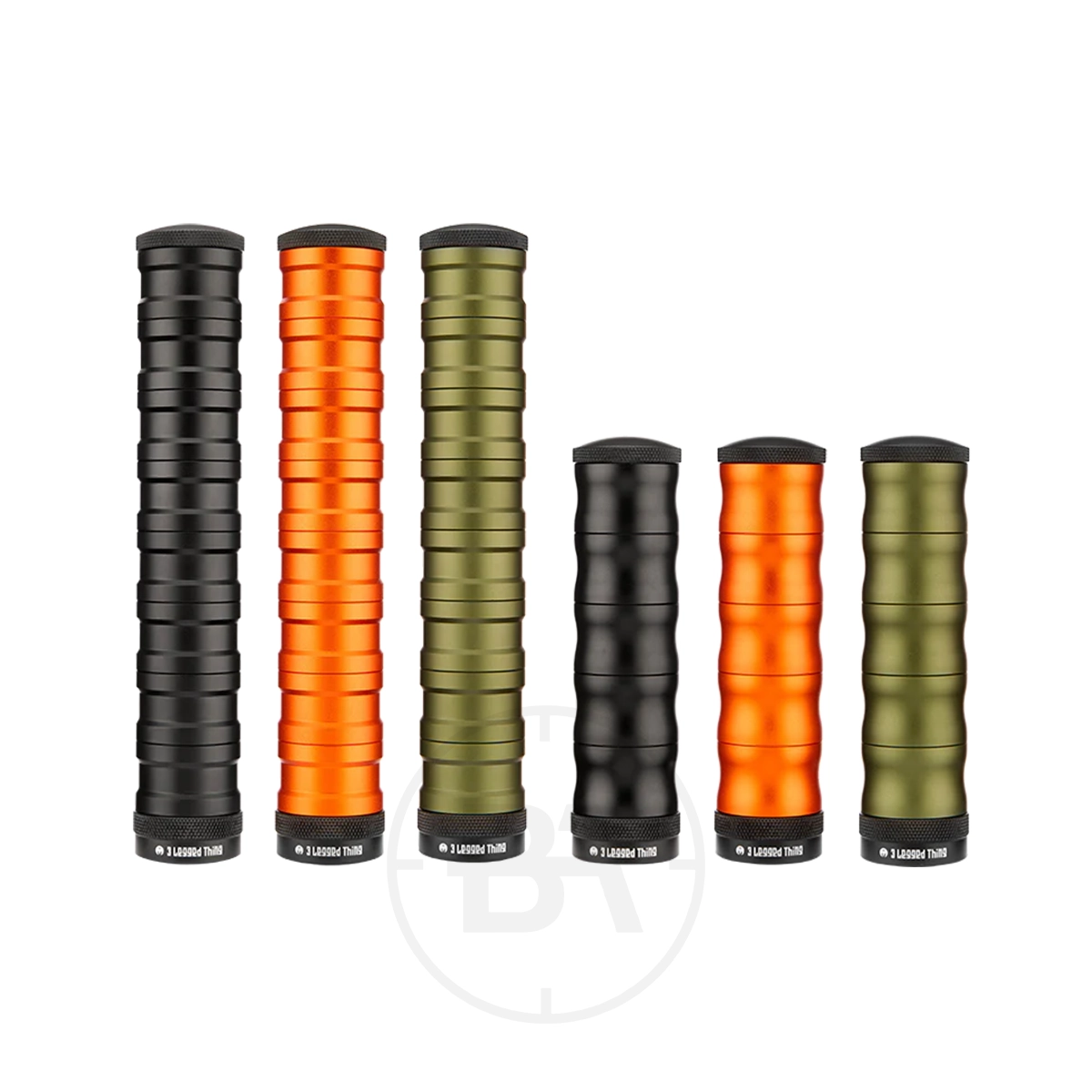 3 Legged Thing Reservoir Mod Moderator 1 Six 3 Legged Thing Reservoir Mod Moderator cylinders in black, orange, and olive green are arranged in two rows. Each has a ribbed texture and black base, with three taller and three shorter items displayed.