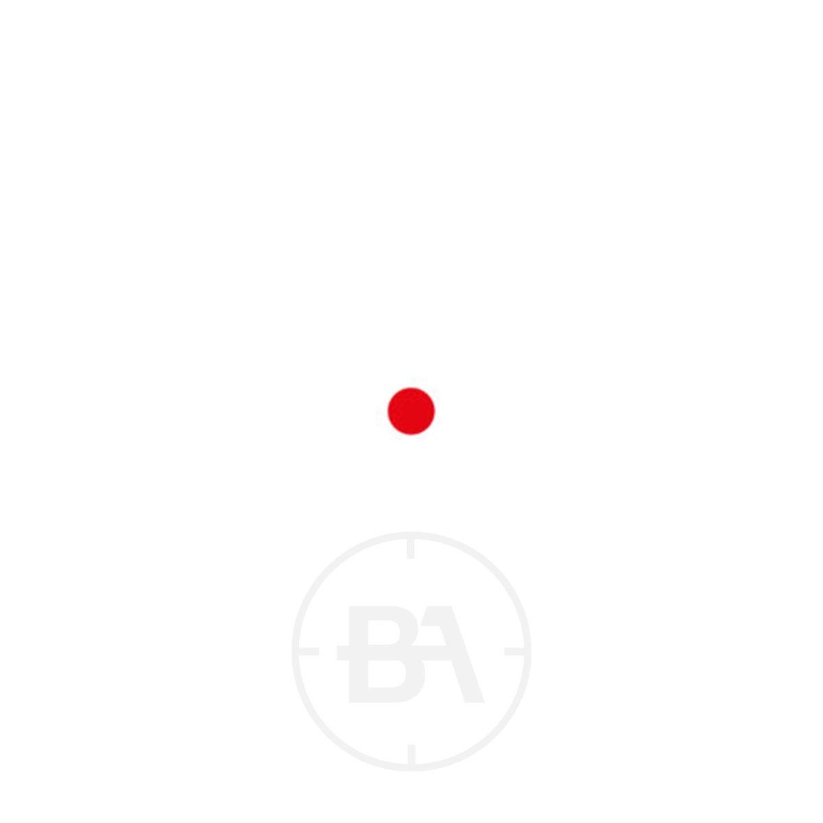 Anschütz Optics Reflex Pro Small Red Dot Sight With Weaver Mount 2 A single red dot, resembling the Anschütz Optics Reflex Pro Small Red Dot Sight, is centred on a white background above a subtle grey circular logo with "BA" and clock-like markings.