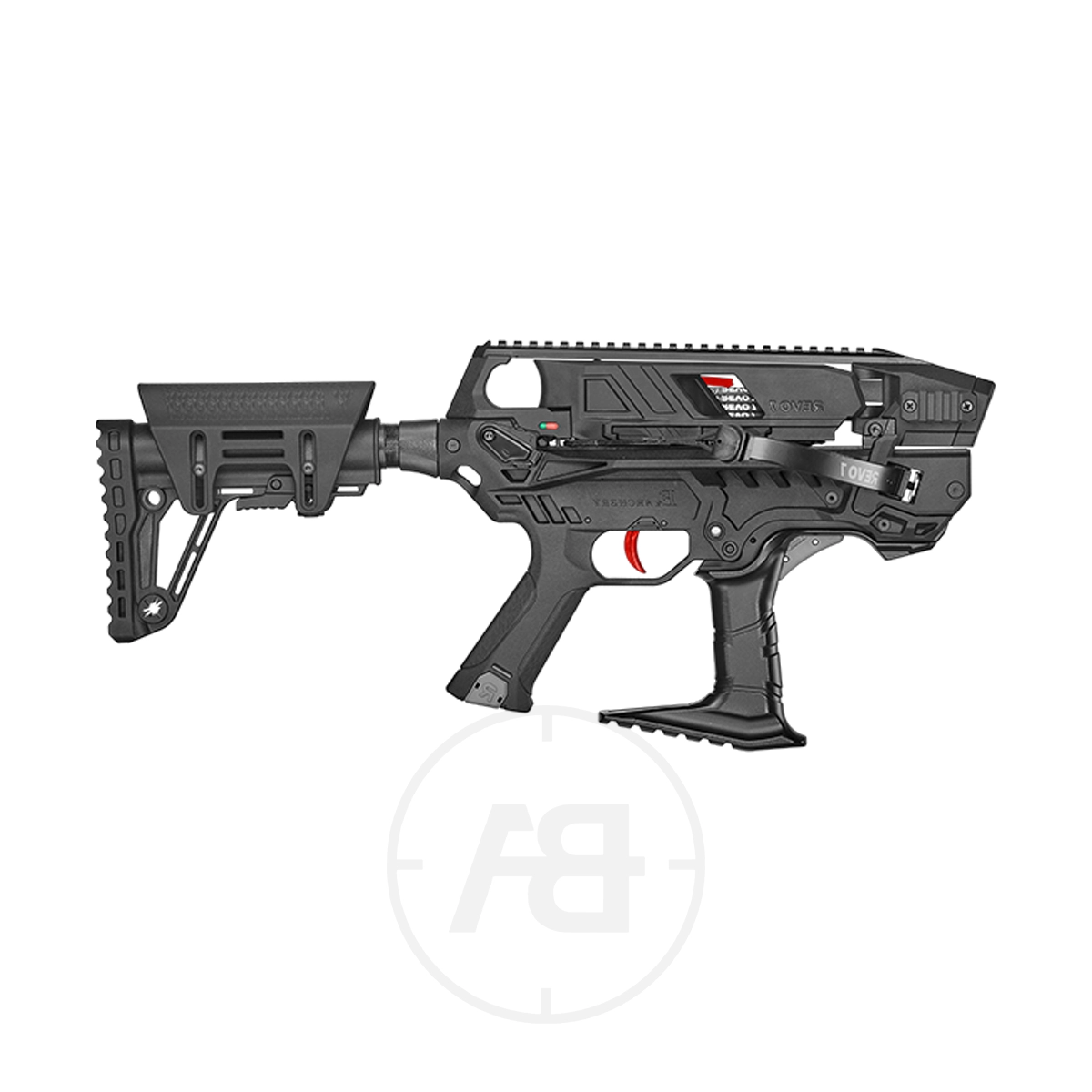 EK Archery Revo Tactical Crossbow With 7-Shot Magazine 1 The EK Archery rev07 is a black tactical firearm conversion kit with an adjustable stock, pistol grip, and rail system, displayed in profile against a white background.