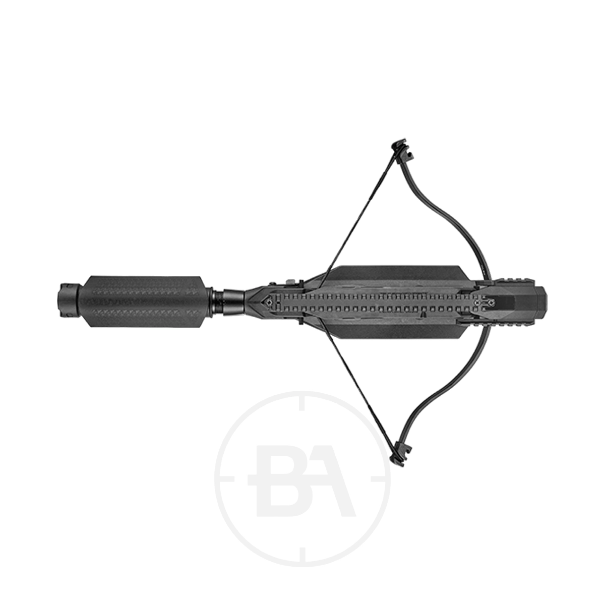 EK Archery Revo Tactical Crossbow With 7-Shot Magazine 9 Top-down view of the ek archery rev07, a compact black crossbow with tactical styling, featuring a front stabilizer and integrated rail system.