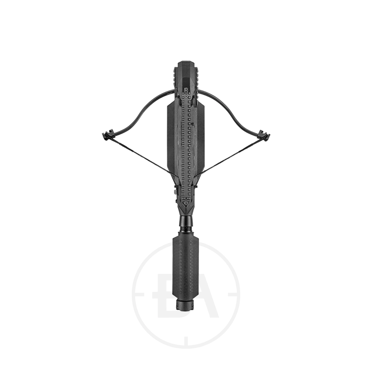 EK Archery Revo Tactical Crossbow With 7-Shot Magazine 7 An ek archery rev07 crossbow in black is shown from above on a white background, highlighting its limbs, stock, and handle.