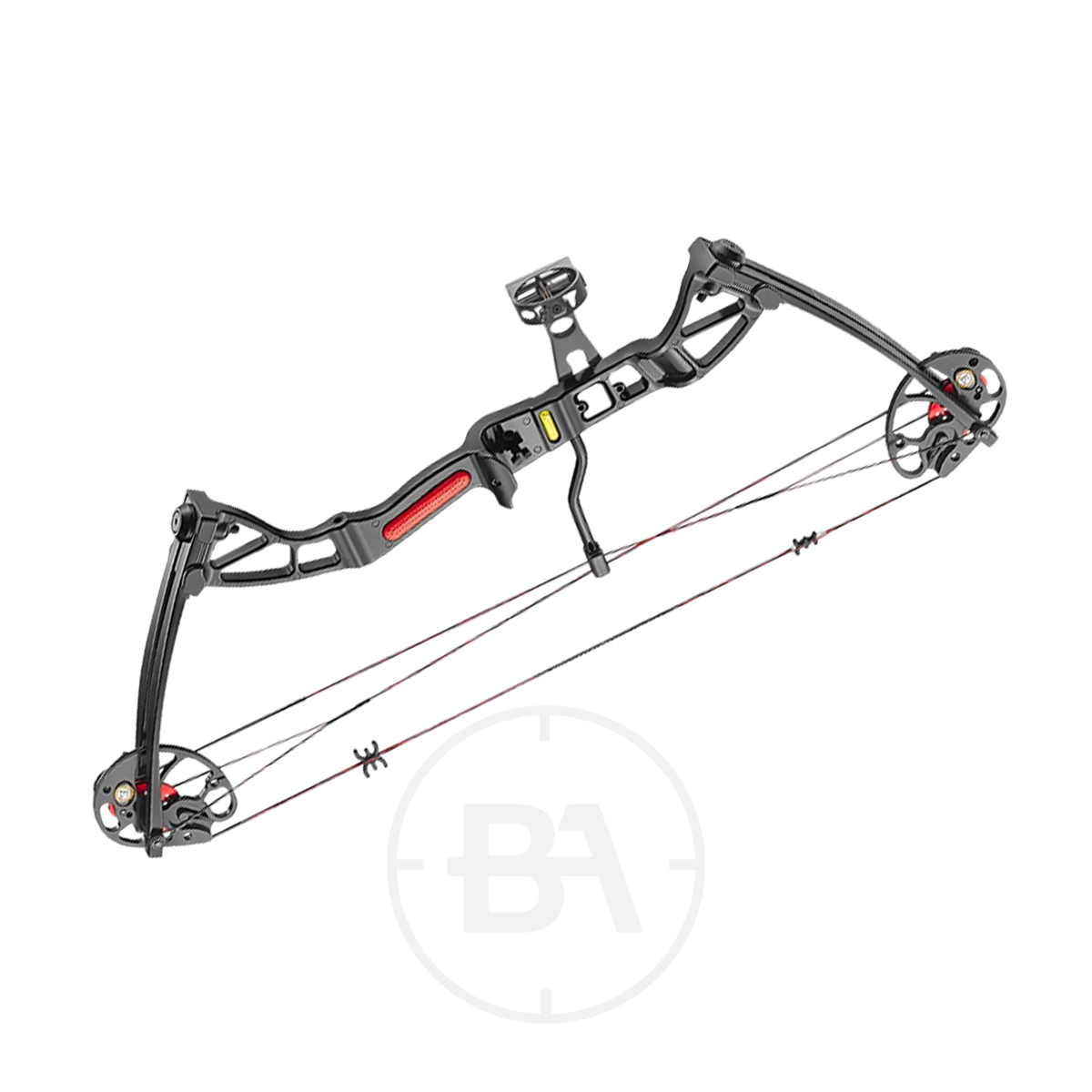 EK Archery Rex Compound Bow Bundle 1 The EK Archery Rex Bow is a black compound bow with red accents, featuring a central sight, dual cams, and multiple strings, displayed on a white background.