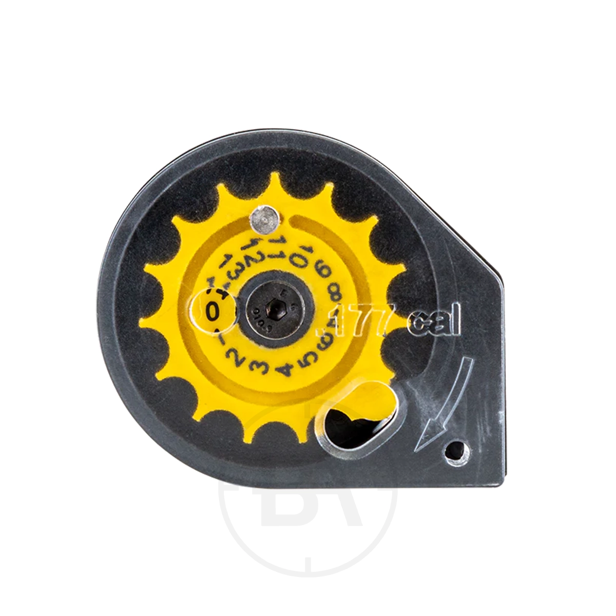 Reximex Multi Shot Magazine .177 1 The Reximex Multi-Shot Magazine .177 features a yellow and black circular design with numbered markings, a transparent casing, and visible internal gears, made for Reximex .177 calibre airguns.