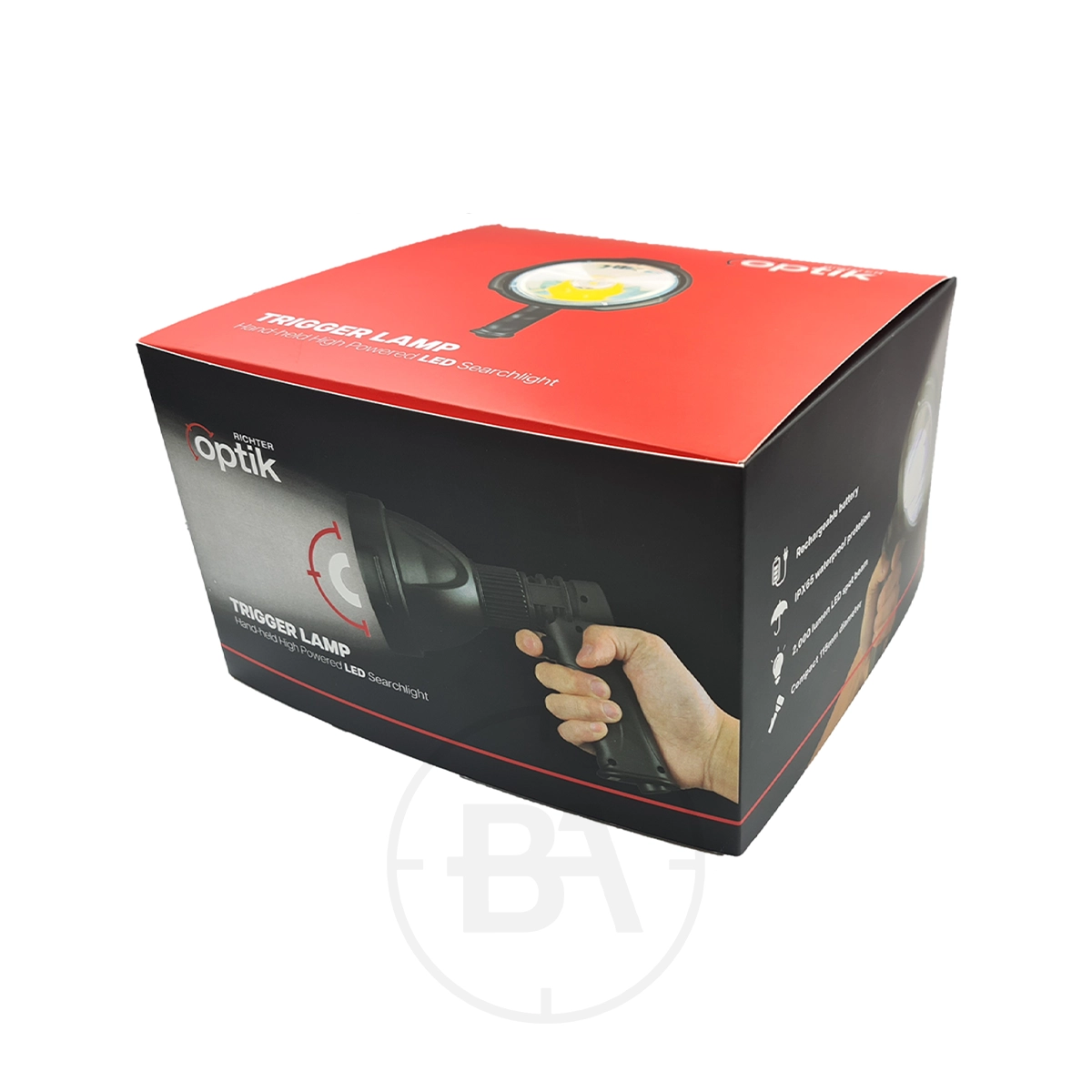 Richter Optik Trigger Lamp 3 A red and black box for the Richter Optik Trigger Lamp, displaying images of the handheld LED torch and product details on the packaging.