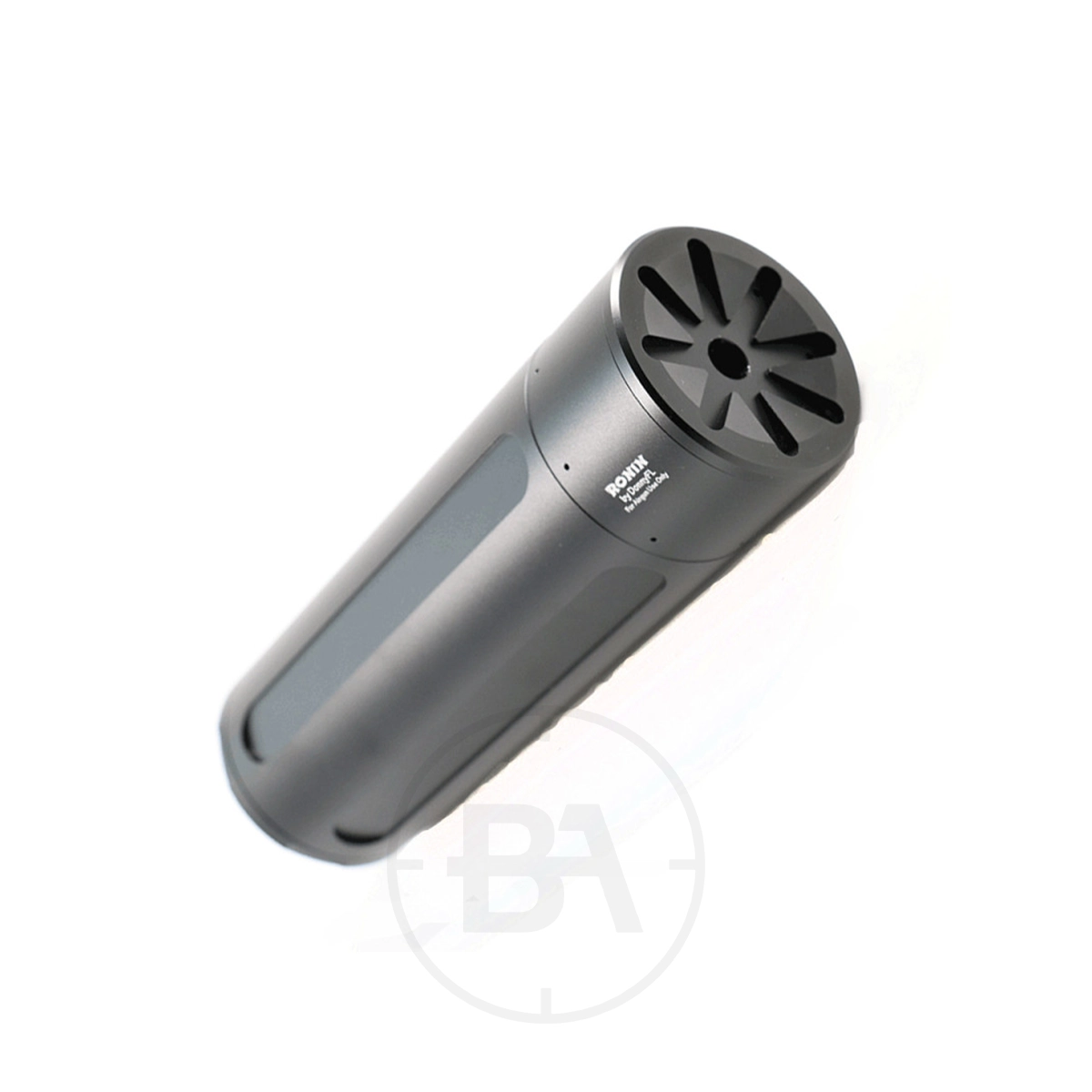 DonnyFL Ronin 1/2"x20 UNF Silencer 1 The DonnyFL Ronin 1/2"x20 UNF Moderator, a cylindrical metallic model with matte finish and vented end cap, labelled "Norse" and "A-Flow," is shown on a white background.