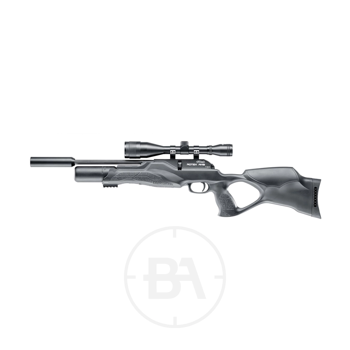 Walther Rotex RM8 Regulated PCP Air Rifle Series 17 Side view of a Walther Rotex RM8 Regulated PCP Air Rifle Series with scope and ergonomic stock, shown on a white background.