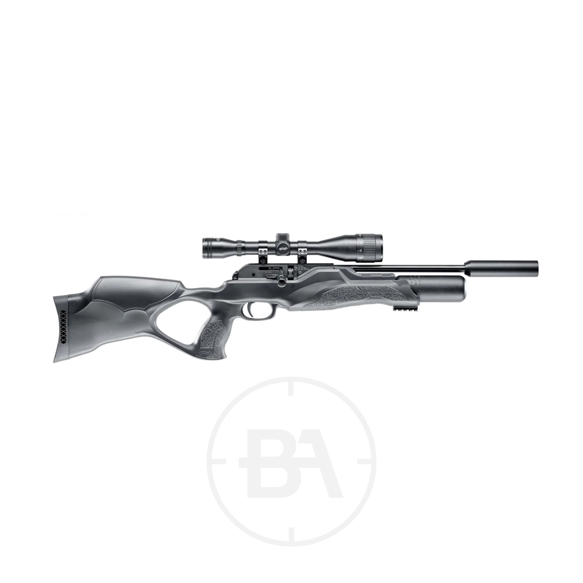 Walther Rotex RM8 Regulated PCP Air Rifle Series 15 The Walther Rotex RM8 Regulated PCP Air Rifle Series, shown in black and silver with a scope, thumbhole stock, and modern design, is displayed on a white background, showcasing its precision and style.