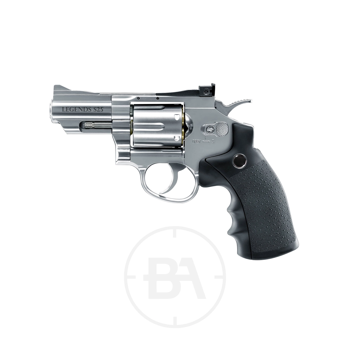 Umarex Legends S25 2.5" CO2 Pistol 1 The Umarex Legends S25 CO2 Pistol is displayed in profile against a white background, featuring a silver finish and a black textured grip.