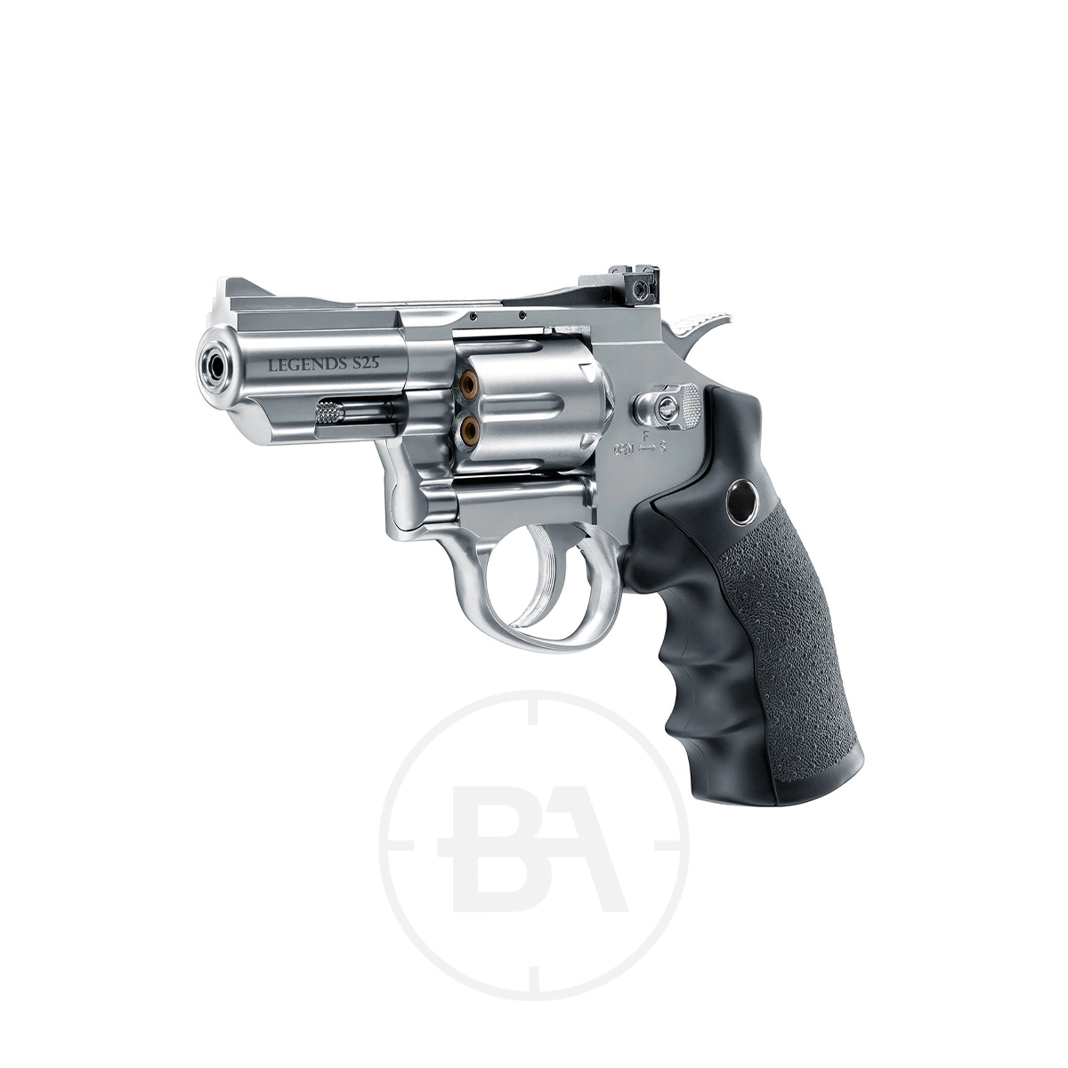 Umarex Legends S25 2.5" CO2 Pistol 3 A silver Umarex Legends S25 CO2 Pistol with a short barrel and black textured grip is displayed in a side view against a white background.