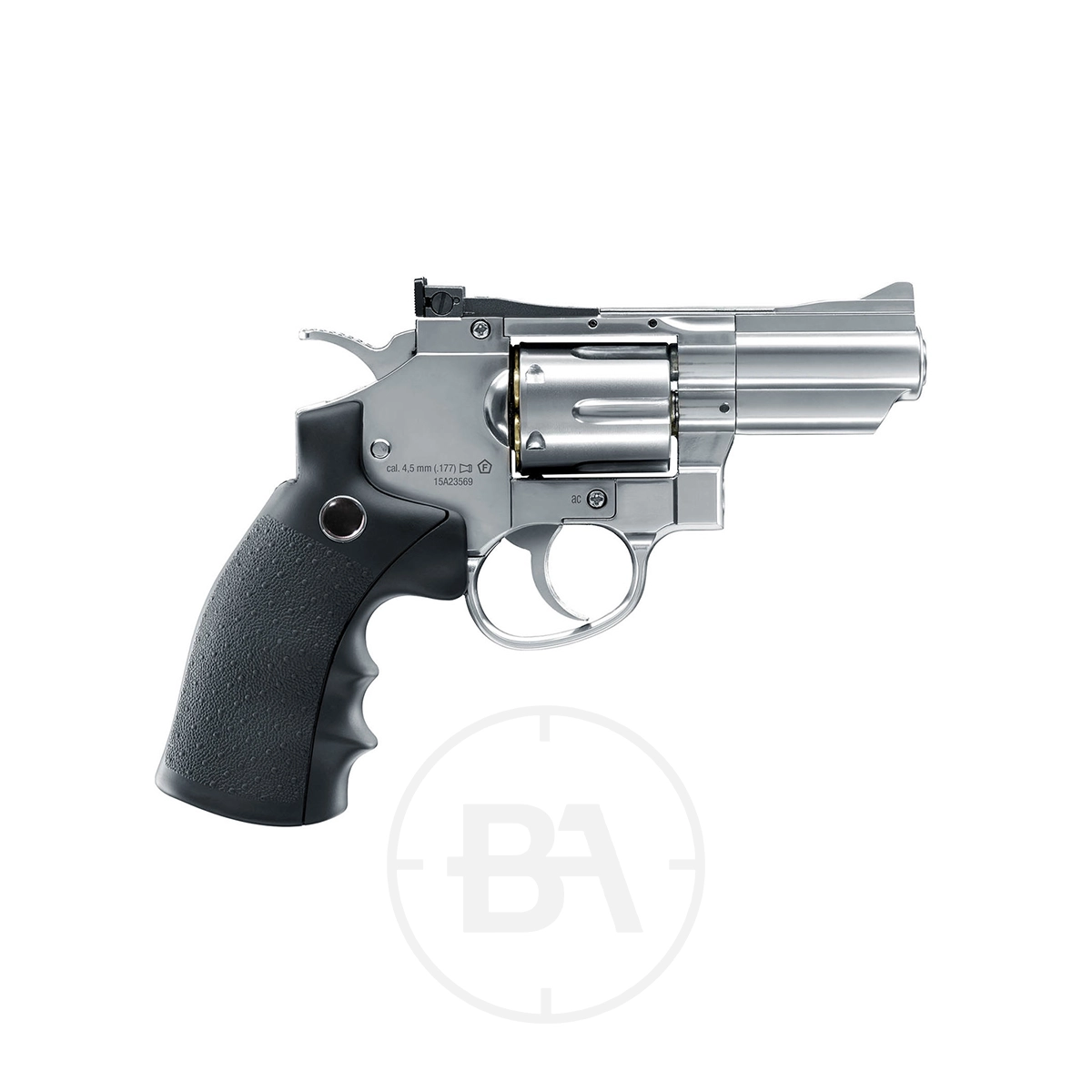 Umarex Legends S25 2.5" CO2 Pistol 5 A Umarex Legends S25 CO2 Pistol with a stainless steel finish and black textured grip is shown on a white background.