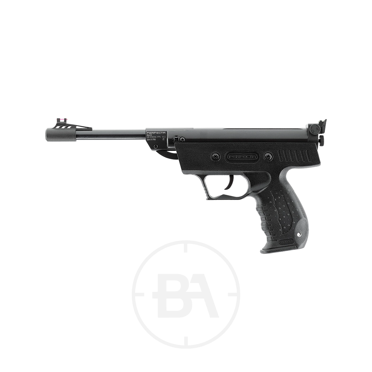 Perfecta S3 Spring Pistol 1 The Umarex Perfecta S3 Spring Pistol is a black break barrel airgun with a textured grip and fiber optic front sight, shown against a white background.