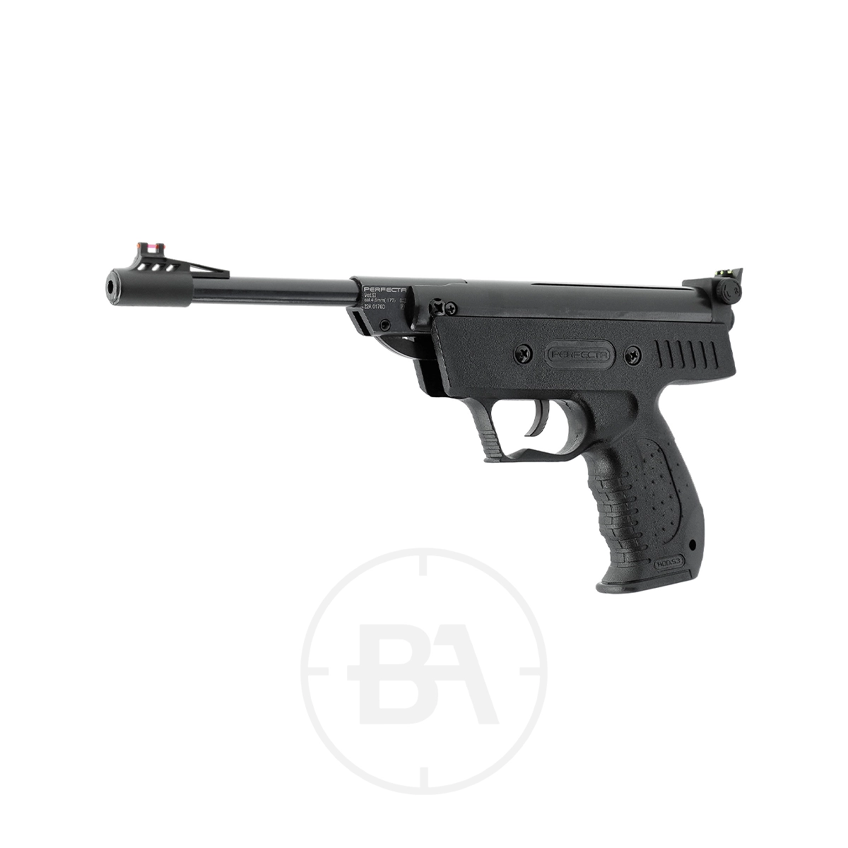 Perfecta S3 Spring Pistol 3 The Umarex Perfecta S3 Spring Pistol in black features a textured grip and fiber optic sights, shown against a white background.