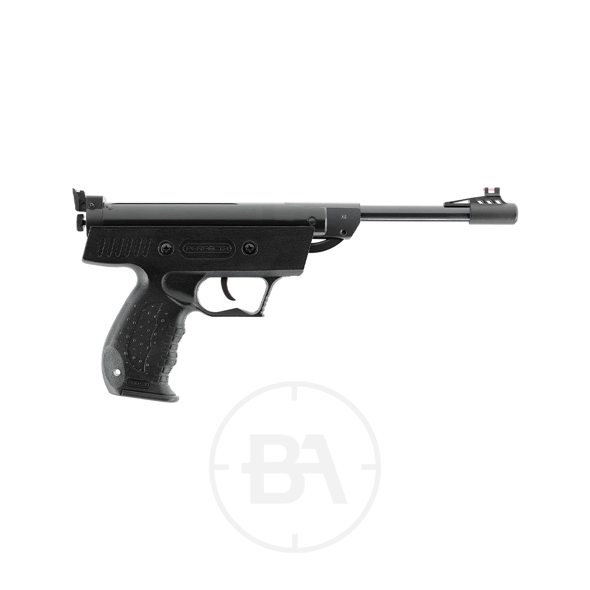 Perfecta S3 Spring Pistol 5 A black Umarex Perfecta S3 Spring Pistol with a textured grip and front sight, shown from the side against a white background.