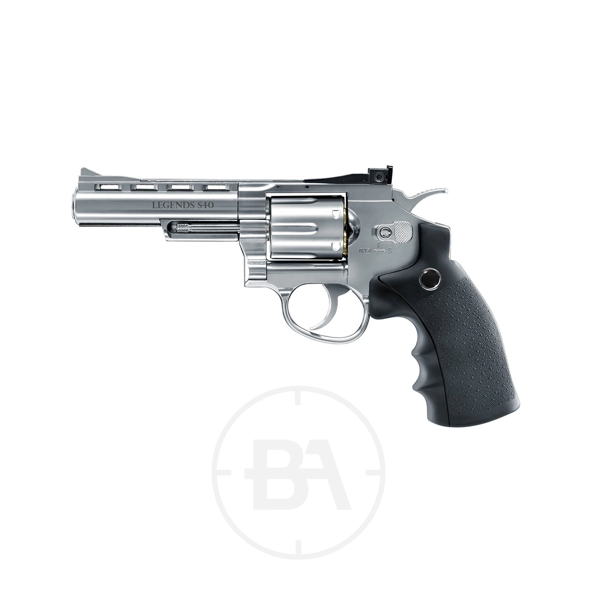 Umarex Legends S40 4" CO2 Pistol 1 A silver Umarex Legends S40 CO2 Pistol featuring a black textured grip is shown in profile on a white background.