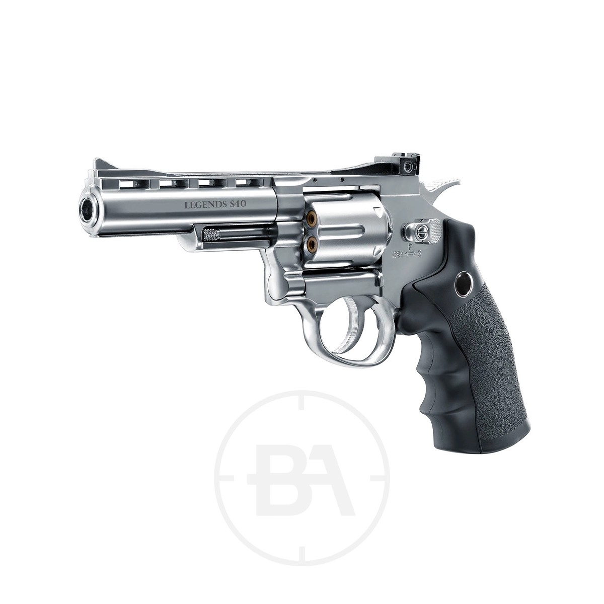 Umarex Legends S40 4" CO2 Pistol 3 A Umarex Legends S40 CO2 Pistol, featuring a silver finish and black textured grip, is displayed against a white background.