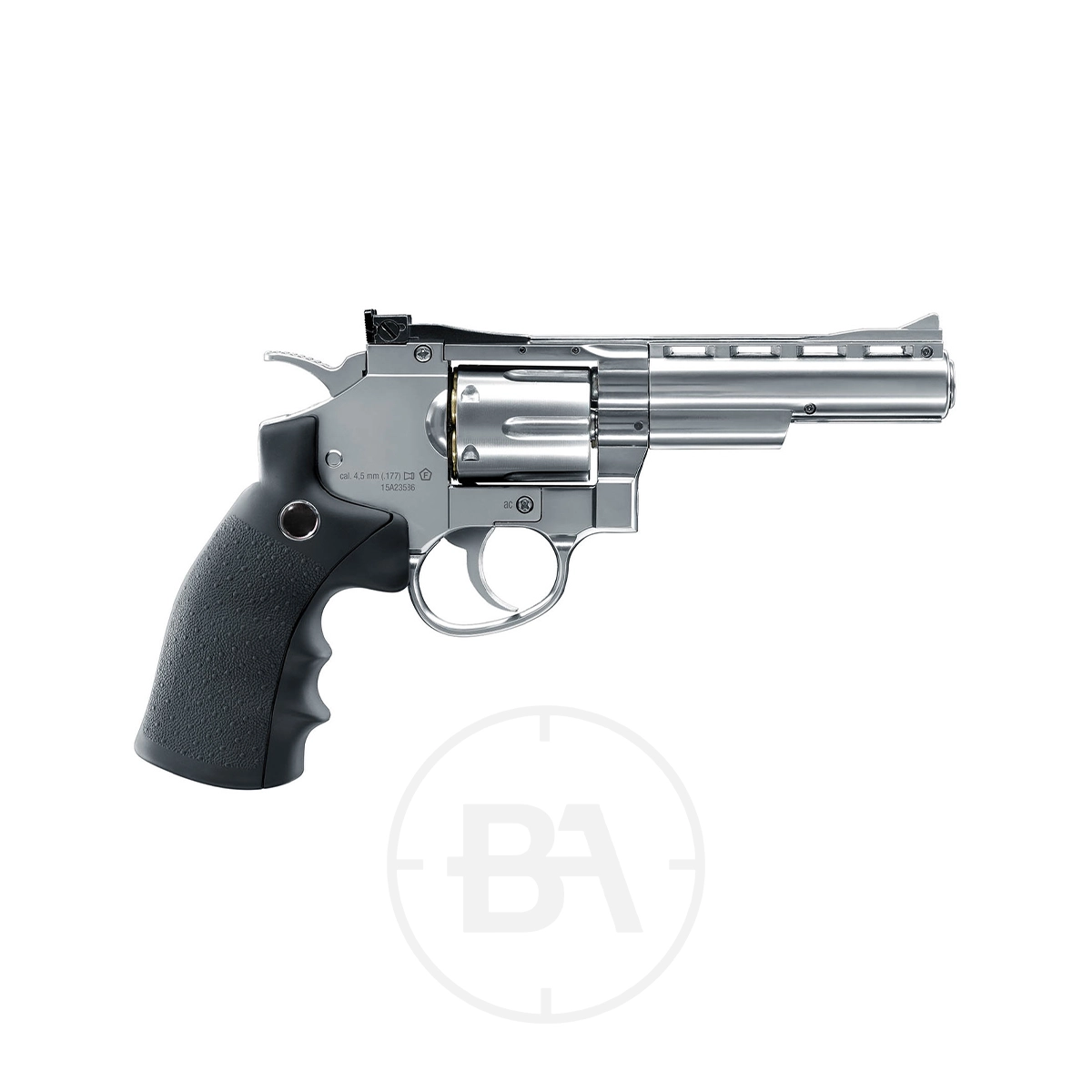 Umarex Legends S40 4" CO2 Pistol 5 The Umarex Legends S40 CO2 Pistol in silver features a black textured grip and is displayed in profile against a white background.