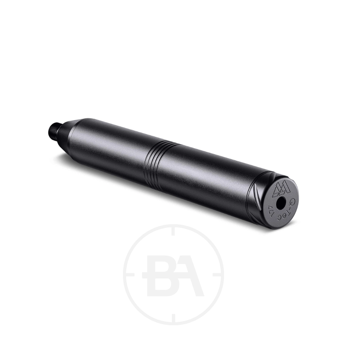 Air Arms S5 Series Q-Tec Silencer 1 A black, cylindrical Air Arms S5 Series Q-Tec Silencer with a threaded end is lying at an angle on a white background.