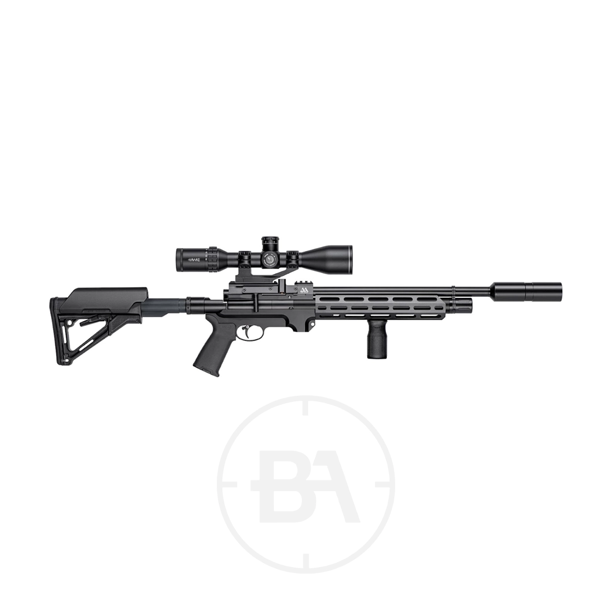 Air Arms S510 Tactical Regulated PCP Air Rifle 1 The Air Arms S510 Tactical Regulated PCP Air Rifle in black, equipped with a scope and suppressor, is shown on a white background featuring a faint clock logo watermark.